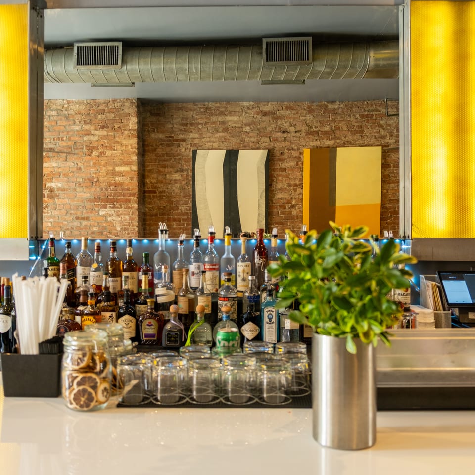 A well-stocked bar with various liquor bottles, wine, glasses, and a plant on a white counter.